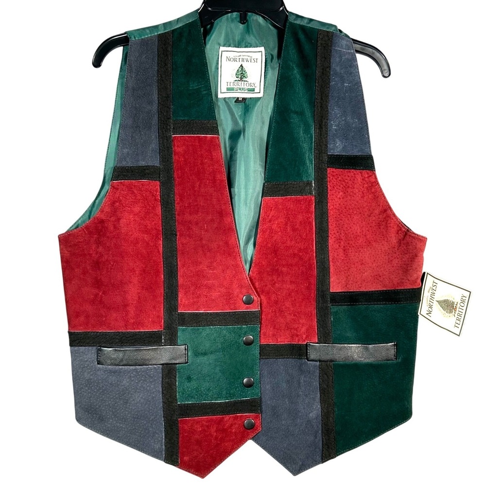Northwest Territory Patchwork Suede Leather Vest 1X Red Green Gray Womens '90s